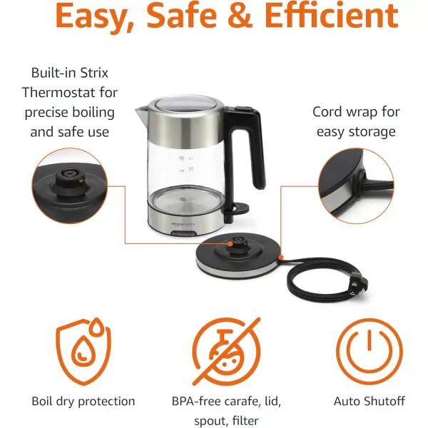imageAmazon Basics Electric Kettle Tea Kettle for Hot Water Coffee ampamp Tea With Auto ShutOff Boil Dry Protection Strix Thermostat BPAFree 18 Quarts 17L 1500W Stainless Steel Black and SliverGlass Carafe