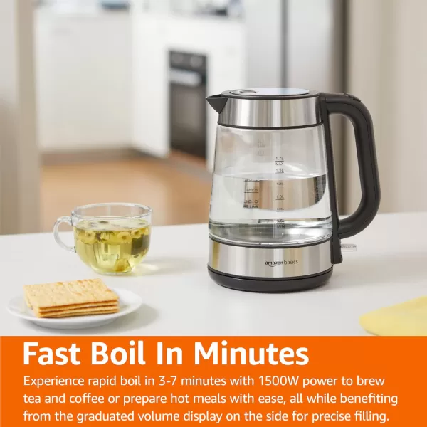 imageAmazon Basics Electric Kettle Tea Kettle for Hot Water Coffee ampamp Tea With Auto ShutOff Boil Dry Protection Strix Thermostat BPAFree 18 Quarts 17L 1500W Stainless Steel Black and SliverGlass Carafe