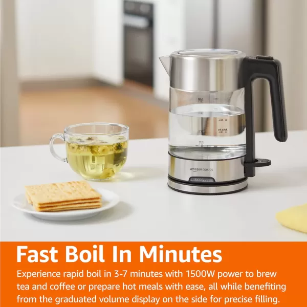 imageAmazon Basics Electric Kettle Tea Kettle for Hot Water Coffee ampamp Tea With Auto ShutOff Boil Dry Protection Strix Thermostat BPAFree 18 Quarts 17L 1500W Stainless Steel Black and SliverGlass Carafe