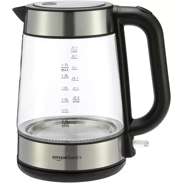 imageAmazon Basics Electric Kettle Tea Kettle for Hot Water Coffee ampamp Tea With Auto ShutOff Boil Dry Protection Strix Thermostat BPAFree 18 Quarts 17L 1500W Stainless Steel Black and SliverGlass Carafe