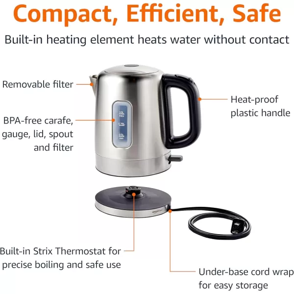 imageAmazon Basics Electric Kettle Tea Kettle for Hot Water Coffee ampamp Tea With Auto ShutOff Boil Dry Protection Strix Thermostat BPAFree 18 Quarts 17L 1500W Stainless Steel Black and SliverStainless Steel