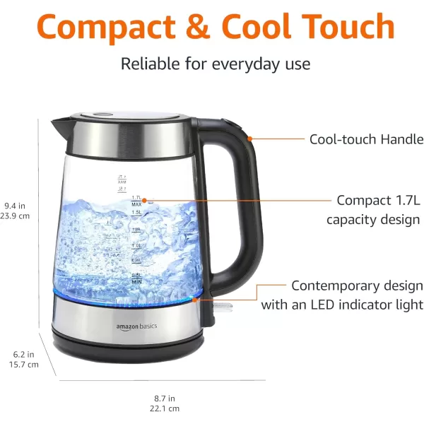 imageAmazon Basics Electric Kettle Tea Kettle for Hot Water Coffee ampamp Tea With Auto ShutOff Boil Dry Protection Strix Thermostat BPAFree 18 Quarts 17L 1500W Stainless Steel Black and SliverGlass Carafe