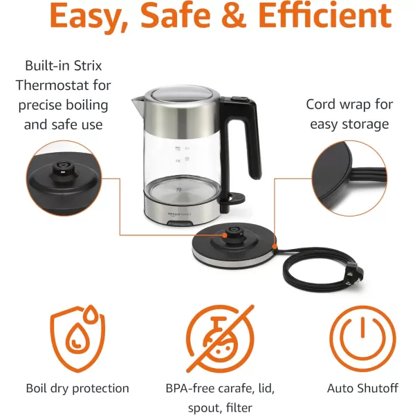 imageAmazon Basics Electric Kettle Tea Kettle for Hot Water Coffee ampamp Tea With Auto ShutOff Boil Dry Protection Strix Thermostat BPAFree 18 Quarts 17L 1500W Stainless Steel Black and SliverGlass Carafe