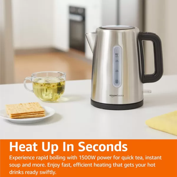 imageAmazon Basics Electric Kettle Tea Kettle for Hot Water Coffee ampamp Tea With Auto ShutOff Boil Dry Protection Strix Thermostat BPAFree 18 Quarts 17L 1500W Stainless Steel Black and SliverStainless Steel