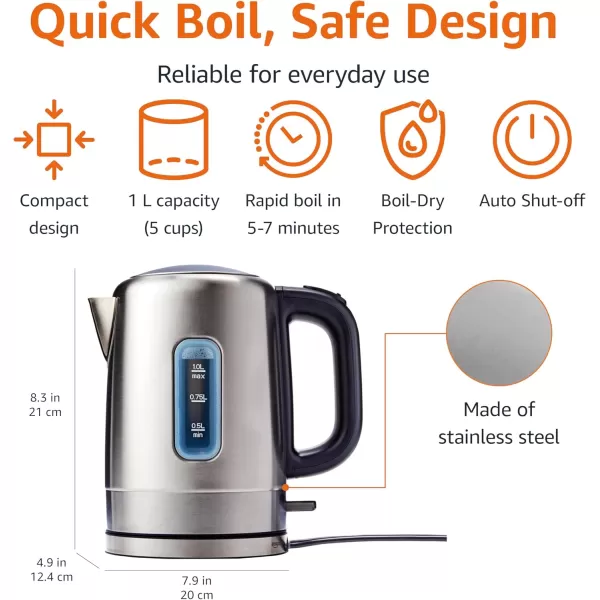 imageAmazon Basics Electric Kettle Tea Kettle for Hot Water Coffee ampamp Tea With Auto ShutOff Boil Dry Protection Strix Thermostat BPAFree 18 Quarts 17L 1500W Stainless Steel Black and SliverStainless Steel