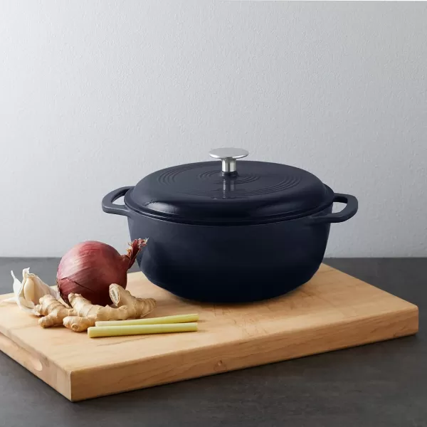 imageAmazon Basics Enameled Cast Iron Round Dutch Oven with Lid and Dual Handles HeavyDuty ampamp Large 73Quart RedMatte Navy