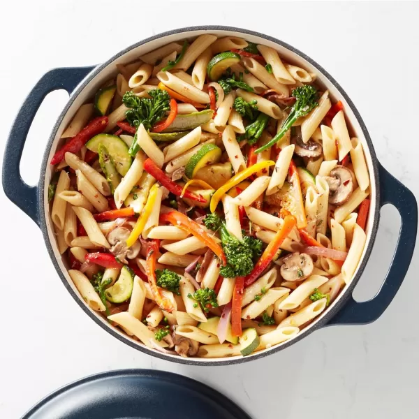 imageAmazon Basics Enameled Cast Iron Round Dutch Oven with Lid and Dual Handles HeavyDuty ampamp Large 73Quart RedMatte Navy