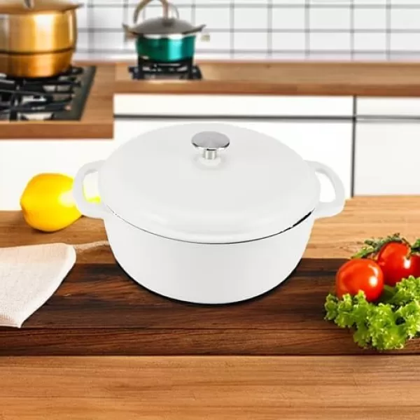 imageAmazon Basics Enameled Cast Iron Round Dutch Oven with Lid and Dual Handles HeavyDuty ampamp Large 73Quart RedMatte White