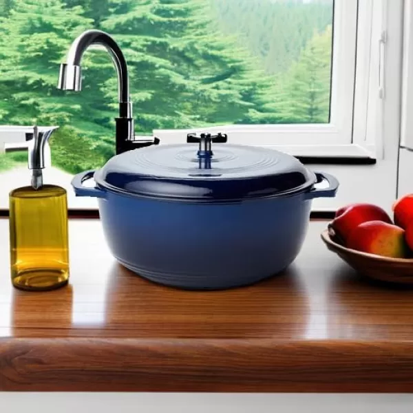 imageAmazon Basics Enameled Cast Iron Round Dutch Oven with Lid and Dual Handles HeavyDuty ampamp Large 73Quart RedNavy