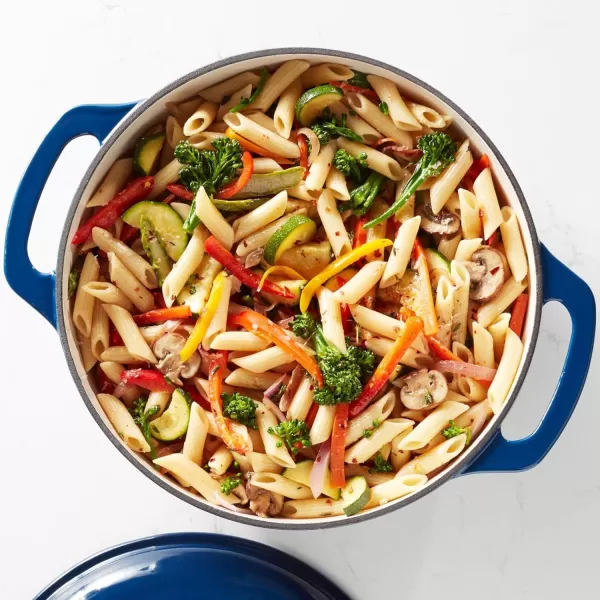 imageAmazon Basics Enameled Cast Iron Round Dutch Oven with Lid and Dual Handles HeavyDuty ampamp Large 73Quart RedNavy