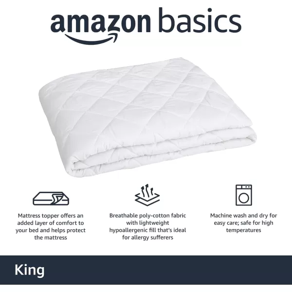 imageAmazon Basics Hypoallergenic Quilted Plush and Breathable Mattress Topper Pad 18 Inches Deep Queen WhiteKing