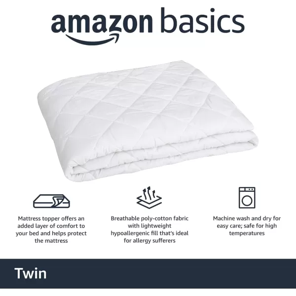 imageAmazon Basics Hypoallergenic Quilted Plush and Breathable Mattress Topper Pad 18 Inches Deep Queen WhiteTwin