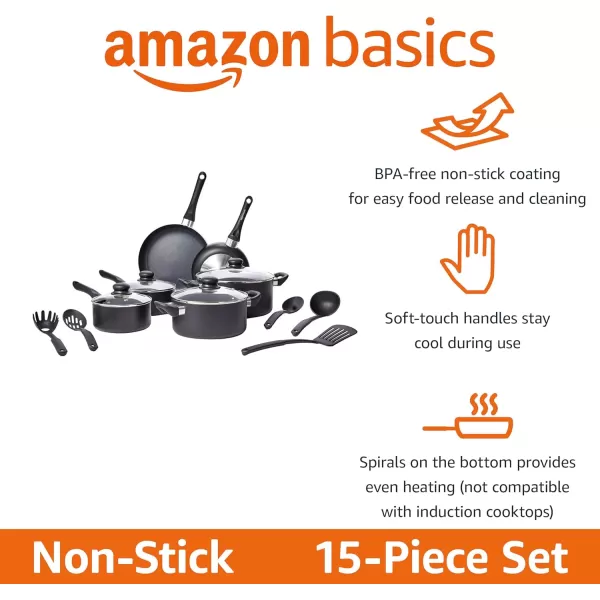 imageAmazon Basics NonStick Cookware 15Piece Set Pots Pans and Utensils Black15Piece Set  NonInduction