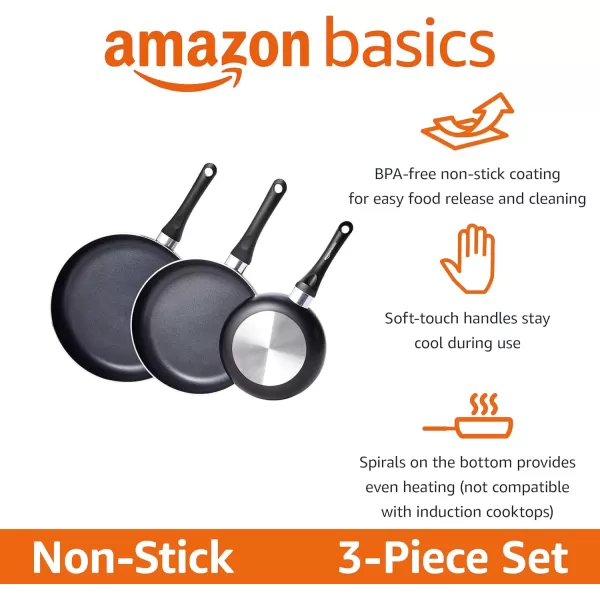 imageAmazon Basics NonStick Cookware 15Piece Set Pots Pans and Utensils Black3Piece Set  NonInduction