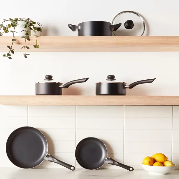 imageAmazon Basics NonStick Cookware 15Piece Set Pots Pans and Utensils Black8Piece Set  NonInduction