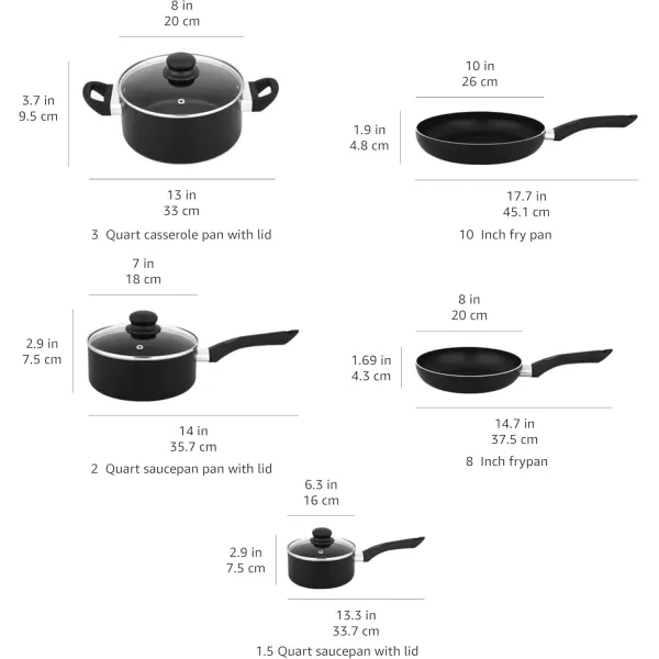 imageAmazon Basics NonStick Cookware 15Piece Set Pots Pans and Utensils Black8Piece Set  NonInduction