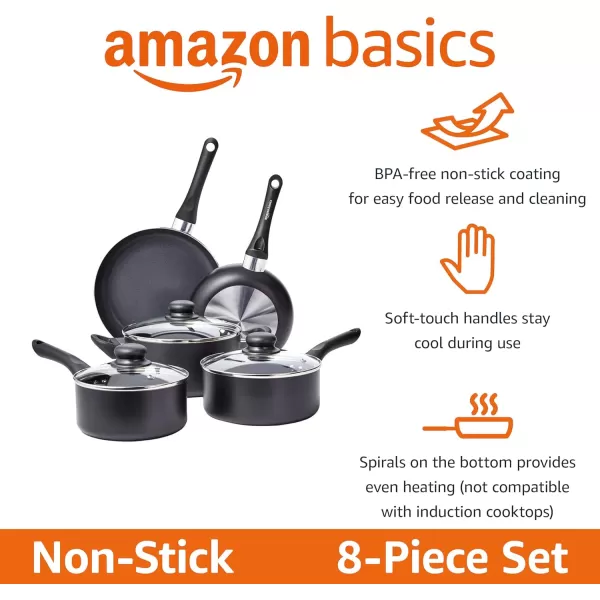 imageAmazon Basics NonStick Cookware 15Piece Set Pots Pans and Utensils Black8Piece Set  NonInduction