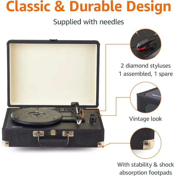 imageAmazon Basics Portable Suitcase Vinyl Turntable Record Player with Builtin Speakers and Bluetooth Supports 3Speed BlackSuitcase  Black
