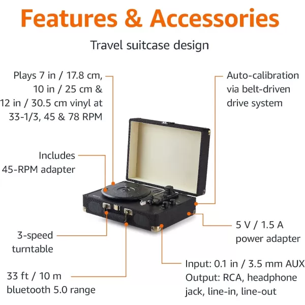 imageAmazon Basics Portable Suitcase Vinyl Turntable Record Player with Builtin Speakers and Bluetooth Supports 3Speed BlackSuitcase  Black