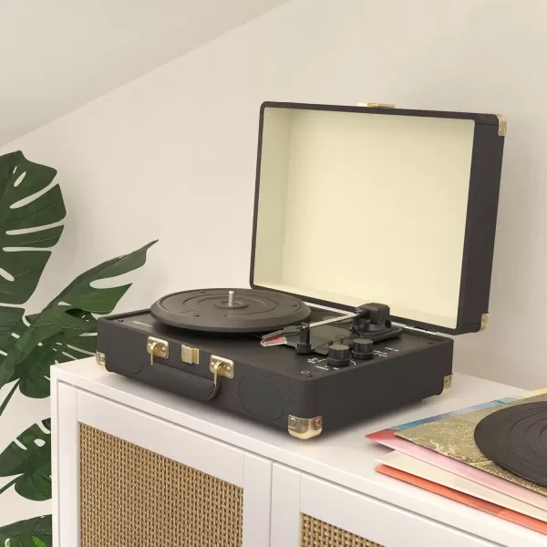 imageAmazon Basics Portable Suitcase Vinyl Turntable Record Player with Builtin Speakers and Bluetooth Supports 3Speed BlackSuitcase  Black