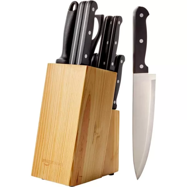 imageAmazon Basics 9 Pieces Premium HighCarbon StainlessSteel Blades with Pine Wood Knife Block Set Kitchen Black14Piece