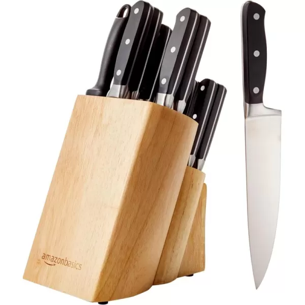 imageAmazon Basics 9 Pieces Premium HighCarbon StainlessSteel Blades with Pine Wood Knife Block Set Kitchen Black18Piece
