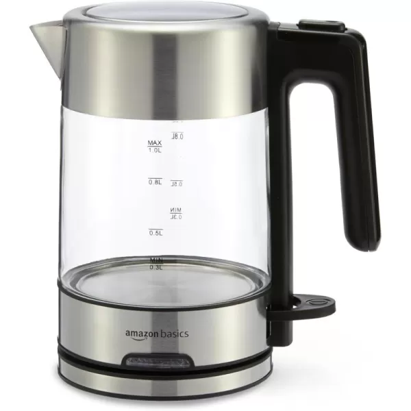 imageAmazon Basics Electric Kettle Tea Kettle for Hot Water Coffee ampamp Tea With Auto ShutOff Boil Dry Protection Strix Thermostat BPAFree 18 Quarts 17L 1500W Stainless Steel Black and SliverGlass Carafe