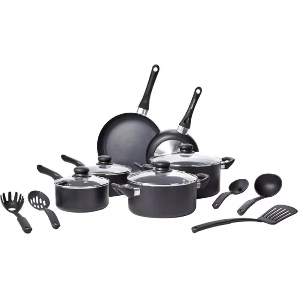 imageAmazon Basics NonStick Cookware 15Piece Set Pots Pans and Utensils Black15Piece Set  NonInduction