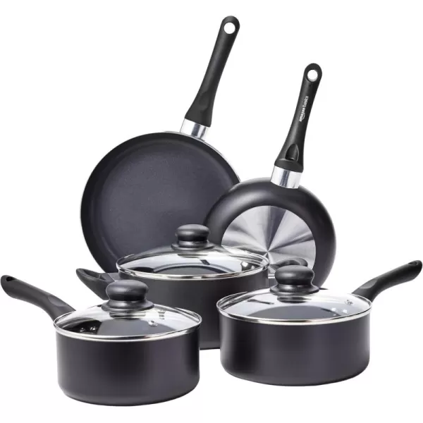 imageAmazon Basics NonStick Cookware 15Piece Set Pots Pans and Utensils Black8Piece Set  NonInduction