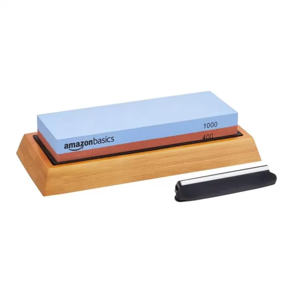 imageAmazon Basics Whetstone Knife Sharpening Wet Stone Dual Sided 4001000 and 30008000 Grit Stones Flattening Stone and NonSlip Bamboo Base 3 Count Pack of 1 Black ampamp GreyGrit 4001000