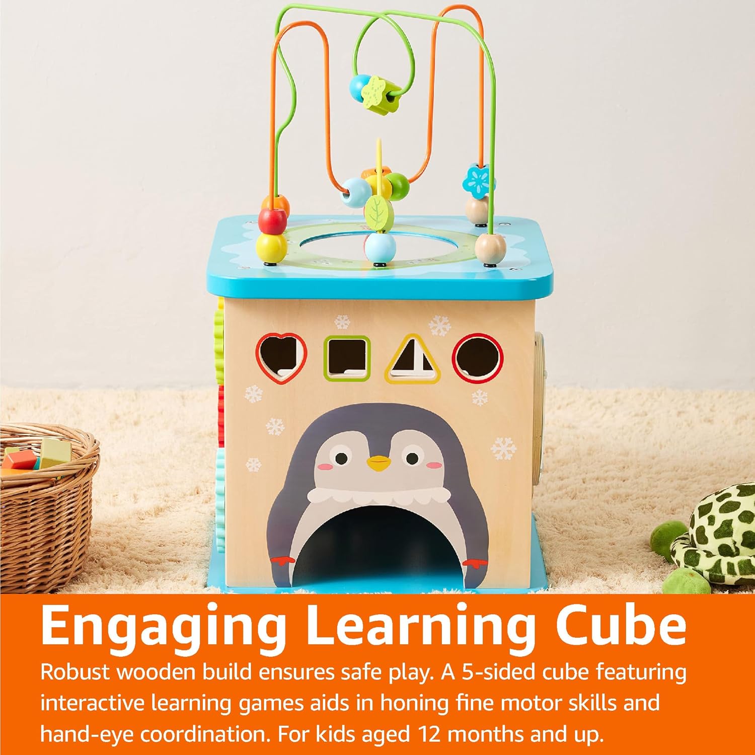 imageAmazon Basics Kids Wooden Educational Activity Learning Cube Toy Gift for Toddlers Age 12M Developmental Shape Sorter Multicolor 134x225x134inches