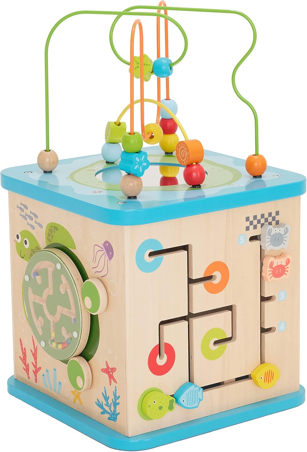 imageAmazon Basics Kids Wooden Educational Activity Learning Cube Toy Gift for Toddlers Age 12M Developmental Shape Sorter Multicolor 134x225x134inches