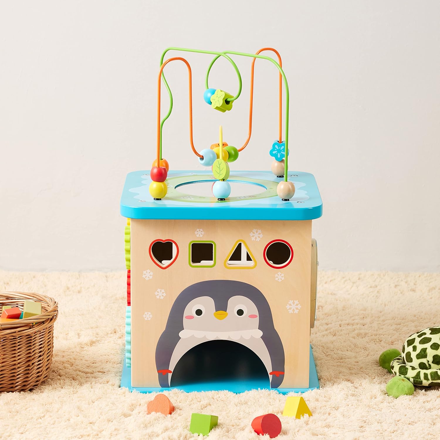 imageAmazon Basics Kids Wooden Educational Activity Learning Cube Toy Gift for Toddlers Age 12M Developmental Shape Sorter Multicolor 134x225x134inches