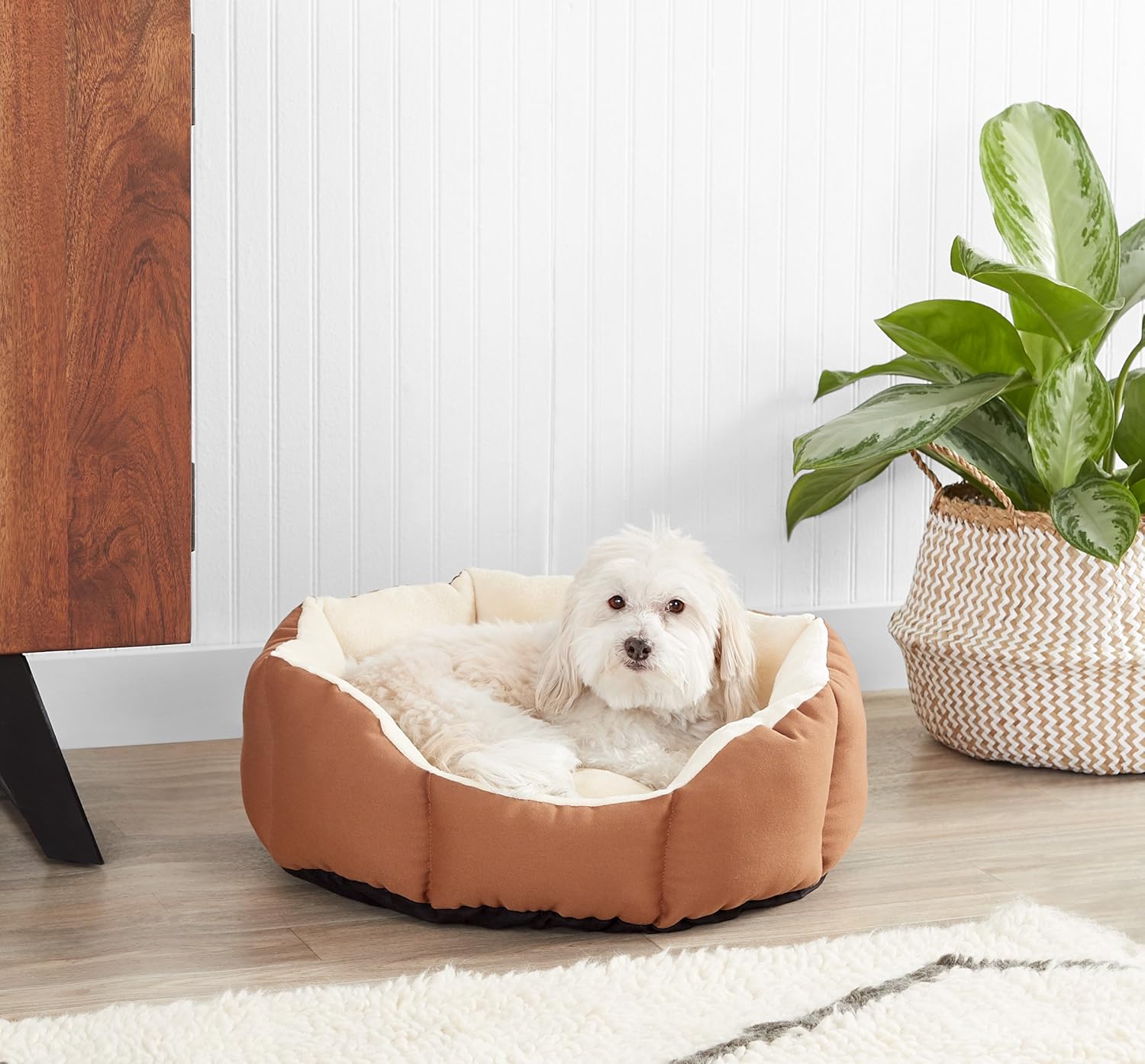 imageAmazon Basics Round Bolster Pet Bed for Dog or Cat with Flannel Top 20Inch Brown and IvoryOctagon