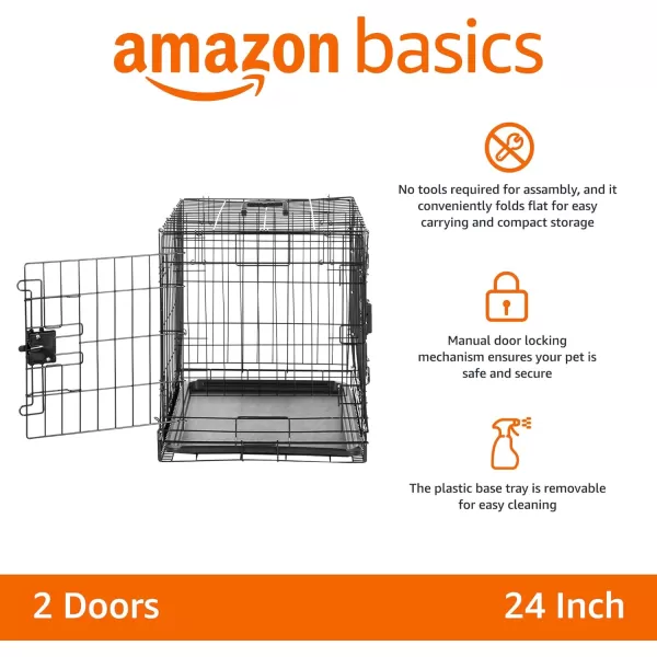 imageAmazon Basics  DurableFoldable Metal Wire Dog Crate with Tray Double Door Divider 24 x 18 x 20 Inches Black240L x 180W x 200H