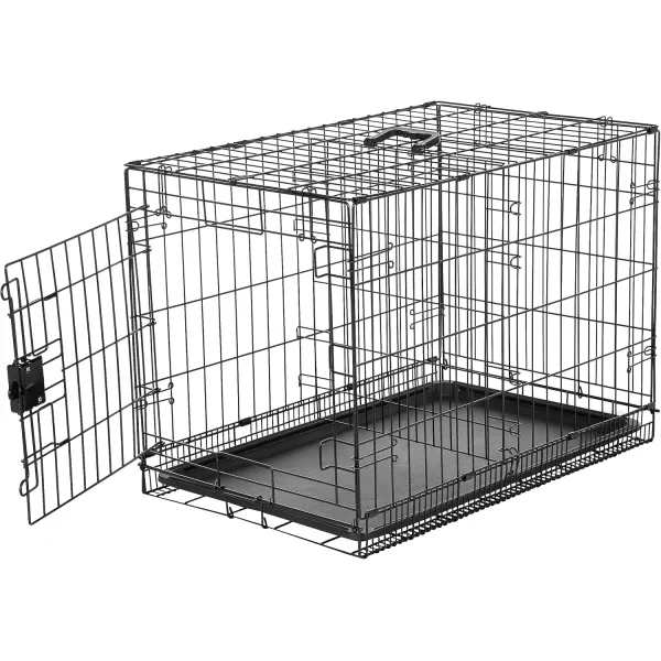 imageAmazon Basics  DurableFoldable Metal Wire Dog Crate with Tray Double Door Divider 24 x 18 x 20 Inches Black300L x 190W x 210H