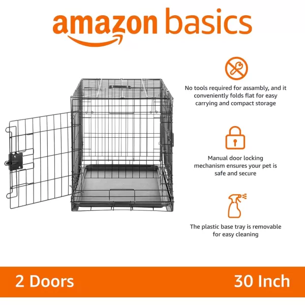 imageAmazon Basics  DurableFoldable Metal Wire Dog Crate with Tray Double Door Divider 24 x 18 x 20 Inches Black300L x 190W x 210H