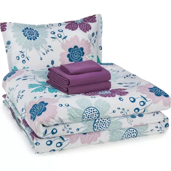 imageAmazon Basics 7 Piece Microfiber Kids BedinaBag Bedding Set FullQueen Green SolidBluish Flower