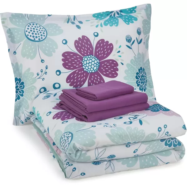 imageAmazon Basics 7 Piece Microfiber Kids BedinaBag Bedding Set FullQueen Green SolidFloral