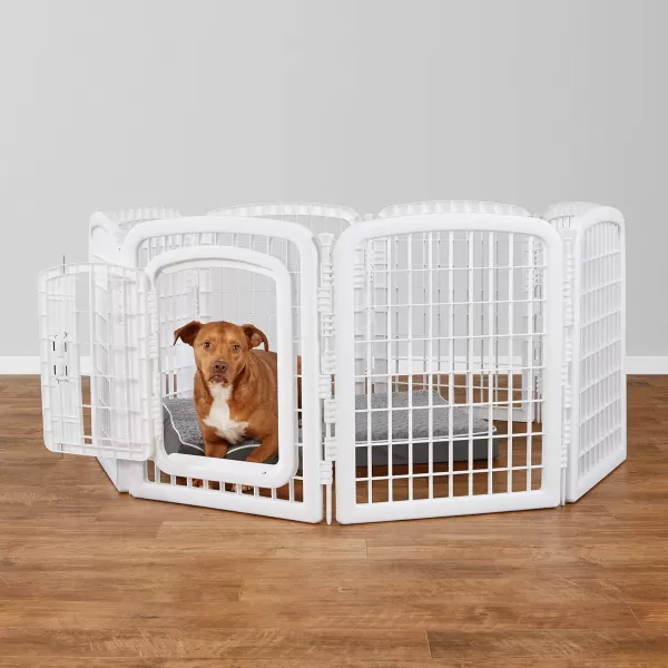 imageAmazon Basics 8Panel Octagonal Plastic Pet Pen Fence Enclosure With Gate 59 x 58 x 28 Inches Greywhite