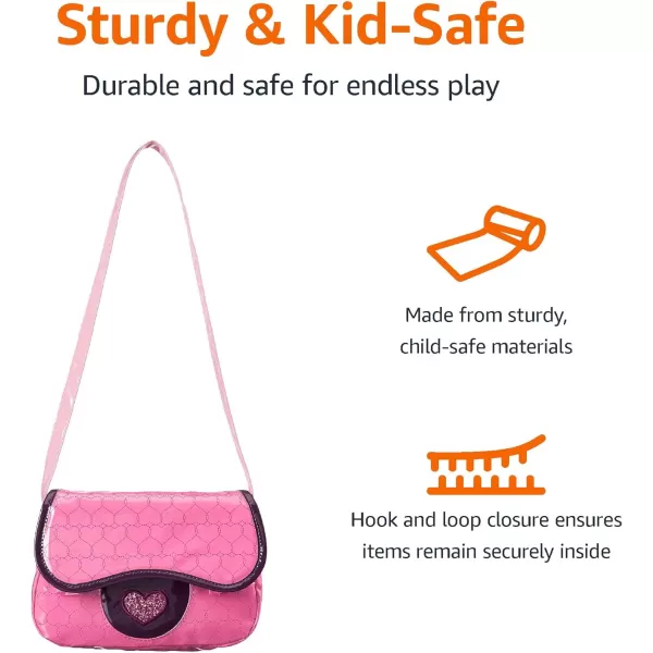 imageAmazon Basics 8Piece Pretend Play Purse Toy with Accessories for Girls Ages 3 and Up Handbag Gift Set Including Smartphone Sunglasses Makeup Compact Keys and Credit Card Pink