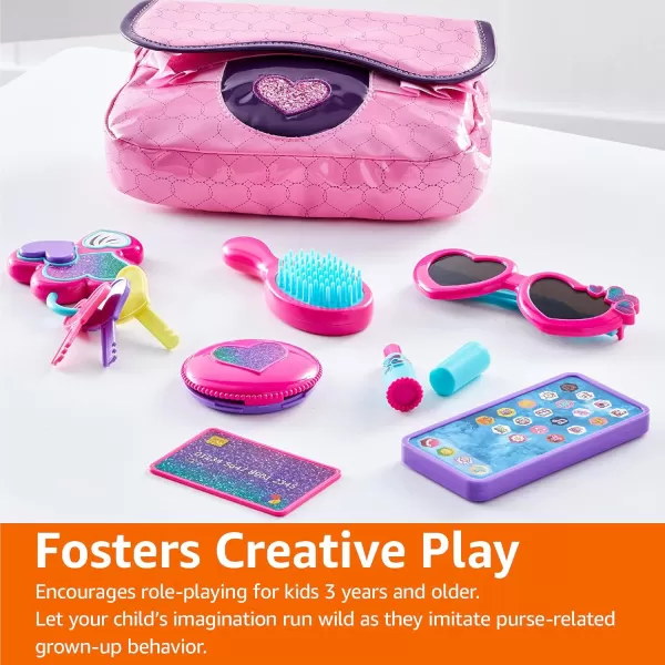 imageAmazon Basics 8Piece Pretend Play Purse Toy with Accessories for Girls Ages 3 and Up Handbag Gift Set Including Smartphone Sunglasses Makeup Compact Keys and Credit Card Pink