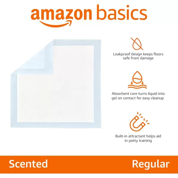 imageAmazon Basics Absorbent Puppy Pads for Potty Training and Incontinence 5Layer LeakProof Design QuickDry Surface Regular Size 22 x 22 Inch Scented Pack of 100 Blue ampamp WhiteRegular 100 Count