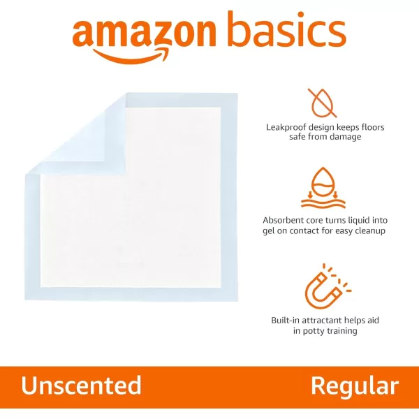 imageAmazon Basics Dog and Puppy Pee Pads with 5Layer LeakProof Design and QuickDry Surface for Potty Training Standard Absorbency XLarge 28 x 34 Inch  Pack of 60 Blue ampamp WhiteUnscented