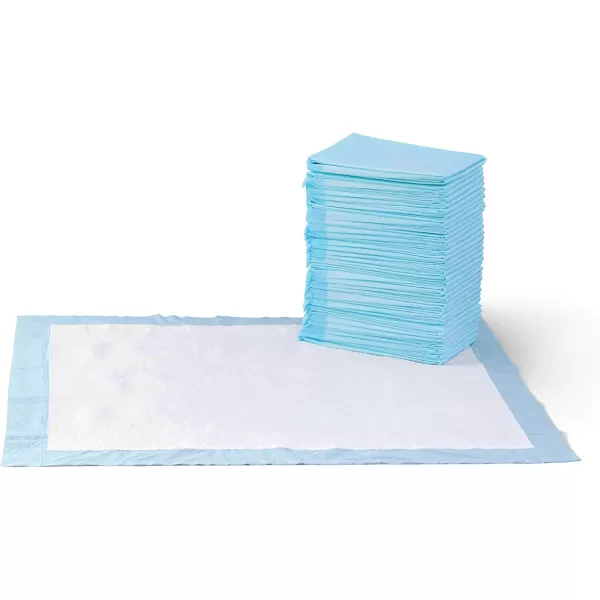 imageAmazon Basics Dog and Puppy Pee Pads with 5Layer LeakProof Design and QuickDry Surface for Potty Training Standard Absorbency XLarge 28 x 34 Inch  Pack of 60 Blue ampamp WhiteUnscented