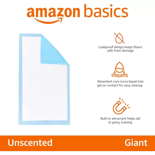 imageAmazon Basics Dog and Puppy Pee Pads with 5Layer LeakProof Design and QuickDry Surface for Potty Training Standard Absorbency XLarge 28 x 34 Inch  Pack of 60 Blue ampamp WhiteUnscented