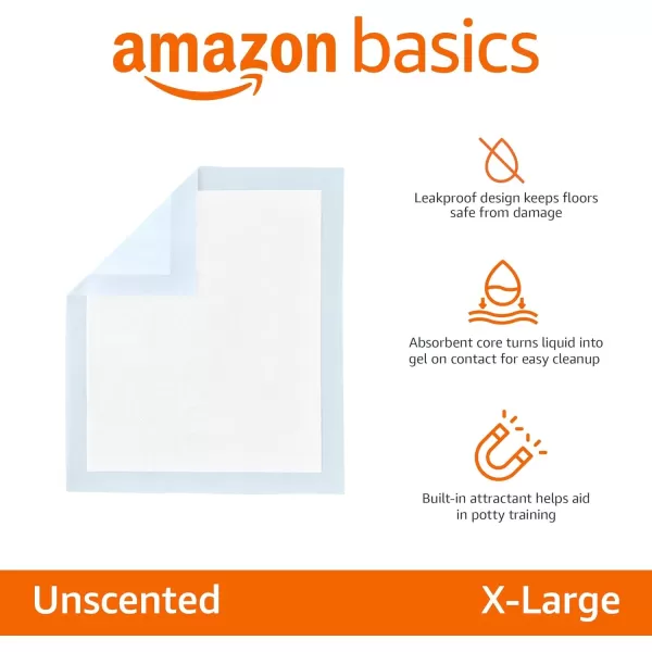 imageAmazon Basics Dog and Puppy Pee Pads with 5Layer LeakProof Design and QuickDry Surface for Potty Training Standard Absorbency XLarge 28 x 34 Inch  Pack of 60 Blue ampamp WhiteUnscented