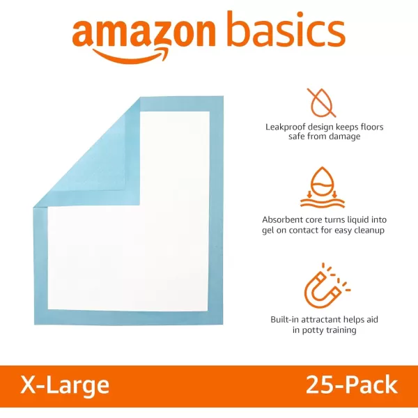 imageAmazon Basics Dog and Puppy Pee Pads with 5Layer LeakProof Design and QuickDry Surface for Potty Training Standard Absorbency XLarge 28 x 34 Inch  Pack of 60 Blue ampamp WhiteHeavy Duty