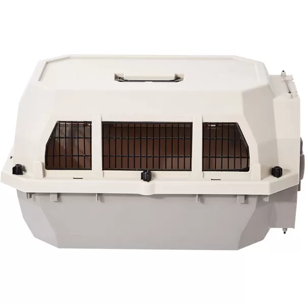 imageAmazon Basics HardSided Dog and Cat Kennel SingleDoor Travel Pet Carrier with Metal Wire Ventilation 236quotL x 157quotW x 130quotH BeigeBeige