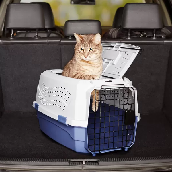 imageAmazon Basics HardSided Dog and Cat Kennel SingleDoor Travel Pet Carrier with Metal Wire Ventilation 236quotL x 157quotW x 130quotH BeigeGray  Blue